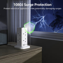 2M Tower Extension Lead With USB Slots, Hotimy 8 Way 4 USB (2 USB-A&2 USB C) Multi Plug Extension Tower, Surge Protected Extension Lead With Switch, 2 Meters Extension Cable For Home Office 13A 3250W
