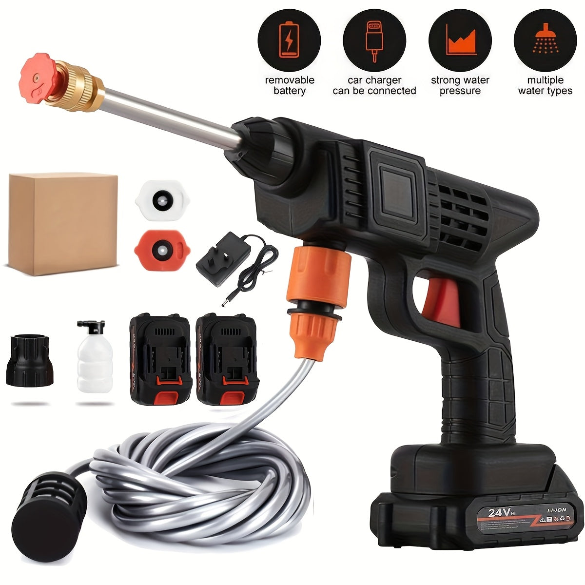 Portable Cordless Pressure Washer with 2 Batteries & 5.03meter Hose - Heavy-Duty 3000PSI 24V Battery- Power Washer Suitable for Car Wash, Driveway, Patio, Garden, Vehicle Washing - Cordless Jet Wash for Outdoor Use (No Outlet Needed)