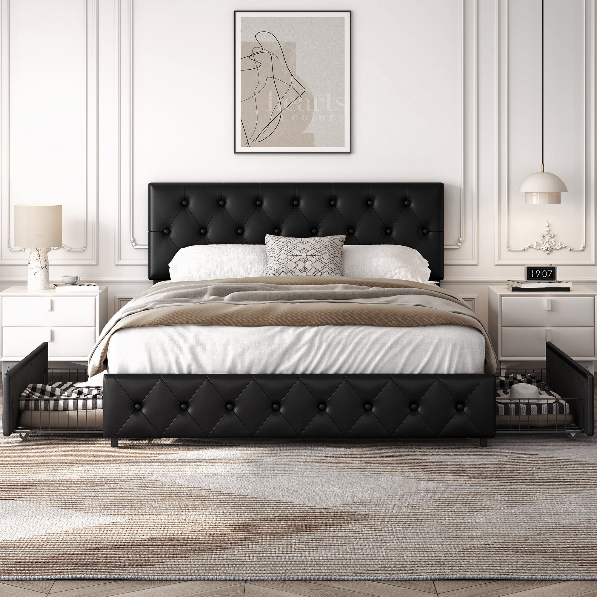 Costoffs Upholstered Bed Frame, Storage Bed Frame, Upholstered Bed Frame with Large Pull-Out Drawers Storage & Height-Adjustable Headboard, Button-tufted Upholstered Bed with Adjustable Headboard, Black