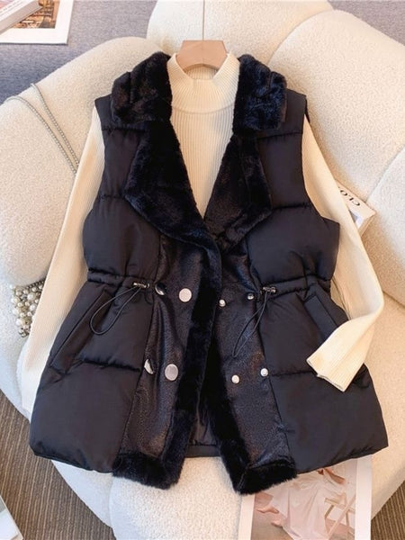 Women's Elegant Double-Breasted Winter Vest Jacket with Faux-Fur Trim & Collar - Structured Layered Coat for Fall/Winter, Casual to Formal Outfits - Solid Black or Brown (Hand Wash/Dry Clean) - Versatile Outerwear for Everyday & Special Occasions - 2025 N