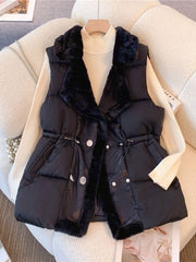 Women's Elegant Double-Breasted Winter Vest Jacket with Faux-Fur Trim & Collar - Structured Layered Coat for Fall/Winter, Casual to Formal Outfits - Solid Black or Brown (Hand Wash/Dry Clean) - Versatile Outerwear for Everyday & Special Occasions - 2025 N