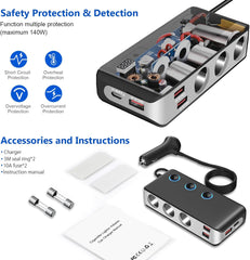 OOWOLF Cigarette Lighter Adapter 140W Cigarette Lighter USB Charger with 12V USB Socket Dual Plug/Port & Extension Lead Fast Charge for All Car Devices
