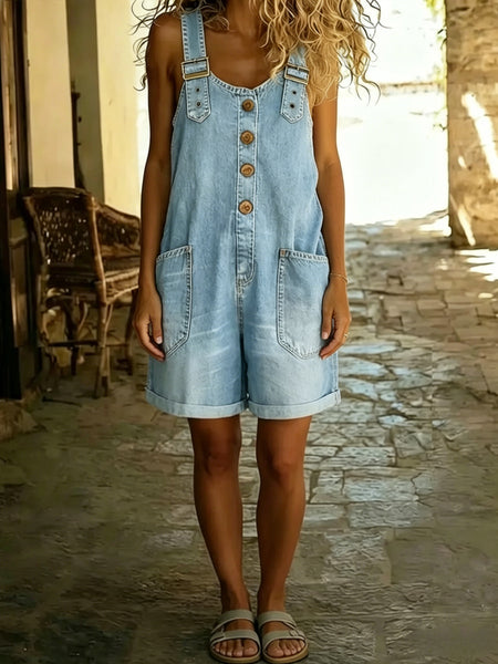 Women'S Denim Overall Shorts Retro Workwear Style Casual Jumpsuit Adjustable Strap Overalls Large Pocket Design Summer Versatile Temperament Pants