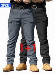 2pcs Men'S Tactical Cargo Pants, Multi-Pocket Casual Style, Elasticity Composite Fabric, Breathable, Suitable for Casual Outing, Hiking, Outdoor Sports, Worn by Middle-Aged And Elderly, Spring And Autumn Style (Belt Excluded)
