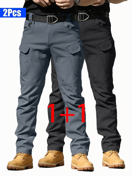 2pcs Men'S Tactical Cargo Pants, Multi-Pocket Casual Style, Elasticity Composite Fabric, Breathable, Suitable for Casual Outing, Hiking, Outdoor Sports, Worn by Middle-Aged And Elderly, Spring And Autumn Style (Belt Excluded)