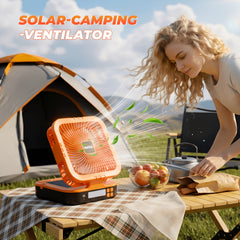 Portable Solar Camping Fan with LED Light, Rechargeable Outdoor Tent Fan, 4 Wind Speeds, Adjustable Brightness, Oscillating Fan with USB Power Bank Function, Type-C Charging