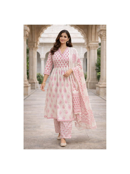 TeamWear* Women's Cotton Printed Kurta With Palazzo & Dupatta Set