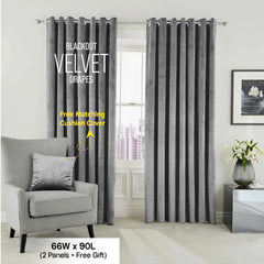 2pc Luxury Velvet Curtain Panels with Free Matching Velvet Cushion Cover – Thermal Insulated Grommet Top Drapes, Energy Saving Curtain Panels for Bedroom & Living Room Home Decor, Perfect Holiday Gift