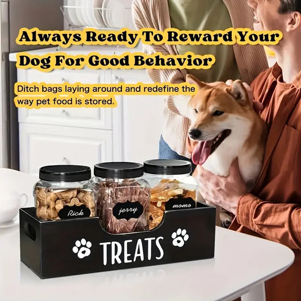 5-in-1 Wooden Pet Food Storage + 3 Plastic Jars + 1 Sticker – Uncharged Container for Dog & Cat Food Storage – Durable Wood Material Farmhouse Style Organizer for Pet Treats