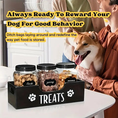 5-in-1 Wooden Pet Food Storage + 3 Plastic Jars + 1 Sticker – Uncharged Container for Dog & Cat Food Storage – Durable Wood Material Farmhouse Style Organizer for Pet Treats