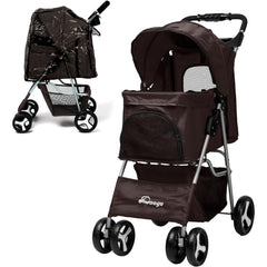 Foldable Pet Stroller With Rain Cover, Portable Foldable Outdoor Walking Cart with Large Space, Hand-Pull Design, Durable Oxford Fabric, Ergonomic Handle & Ventilation Mesh, Lightweight & Sturdy Frame For Small To Medium Dogs - Outdoor Pet Carrier, Modern