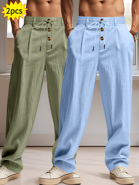 2pcs Men'S Linen Solid Color British Business Casual Straight Leg Pants with Drawstring Elastic Waistband And Button Design Casual Long Trousers Suitable for Outdoor Travel Fitness Exercise And Daily Wear Casual Outdoor Pants Linen Long Pants Lightw