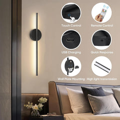 2pcs 50cm Rechargeable Wall Sconce Lights, Battery Operated Wall Lights 3 Color Temperature, Wall Lamp Dimmable Wireless with Remote Control Black for Living Room Bedroom