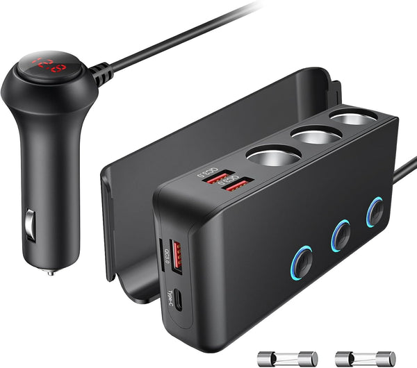 OOWOLF Cigarette Lighter Adapter 140W Cigarette Lighter USB Charger with 12V USB Socket Dual Plug/Port & Extension Lead Fast Charge for All Car Devices