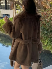 Fashion Imitation Coat Furcollar Lace-up Mid-length Belt Coat Women's Autumn and Winter Design Warm Top