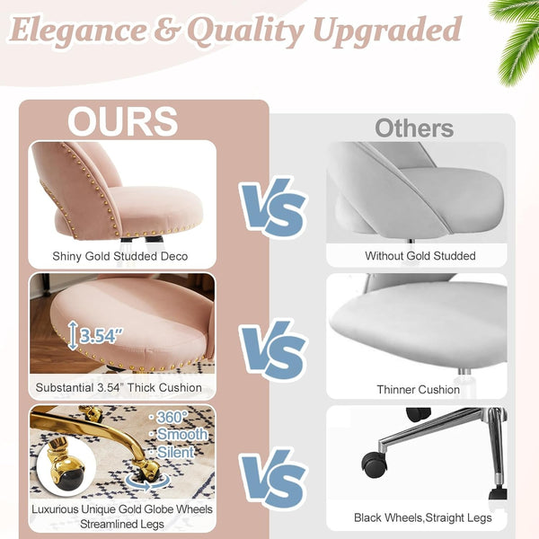 Office Chair Velvet Fabric Swivel Computer Desk Chair Comfy Armless Vanity Task Chair With Adjustable Height, Ergonomic Chair for Home Bedroom (Delicate Lilac)