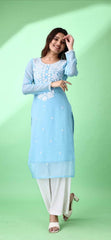 Estationeryhouse Women's Georgette Lucknowi chikankari kurti, Rose Design with Heavy Embroidery, Without Bottom
