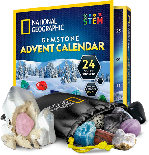 NATIONAL GEOGRAPHIC 2025 Gemstone Advent Calendar - Christmas Countdown Calendar for Kids with 24 Gems, Rock Collection, Mini Gem Dig Kit (English-Only Version)