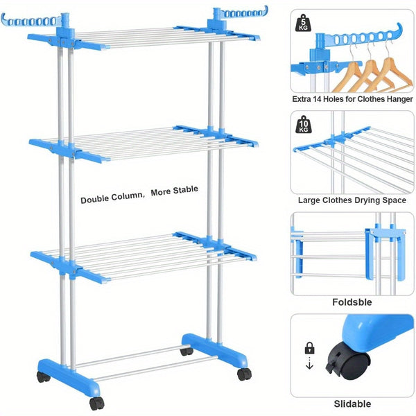 Extra Large 4-Tier Freestanding Metal Clothes Drying Rack, Adjustable Rolling Garment Dryer Stand with Wheels, Foldable Design for Indoor/Outdoor Laundry Room, Drying Racks