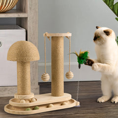 Solid Wood Cat Scratch Pole Cat Turntable, Cat Spring Teasing Stick, Cat Scratch Board, Durable and Wear-resistant Cat Toys, Sisal Cat Climbing Frame, Bell Ball, Oval Mushroom Turntable