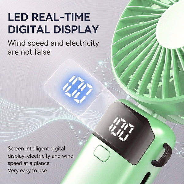 1 Foldable 3-in-1 Handheld Fan with LED Digital Display and 5 Adjustable Wind Speeds, Portable USB Rechargeable Fan with 90° Angle Adjustment and Whisper-Quiet Operation for Outdoor Travel Office and Daily Use