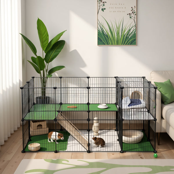 2-Floor Metal Pet Playpen, 36 Grid Panels, Customisable Cage Enclosure for Small Animals, Guinea Pigs Hamster Runs, Rabbit Hutches, Includes Mallet, Indoor, 143 x 73 x 71 cm