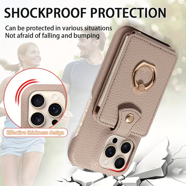 Multi Functional Phone Case for iPhone 17 Pro Max 16 15 14 13 12 11 Faux Leather Accordion Flip Cover with Ring Holder Crossbody Strap Long Lanyard Multi Card Slots Anti Drop