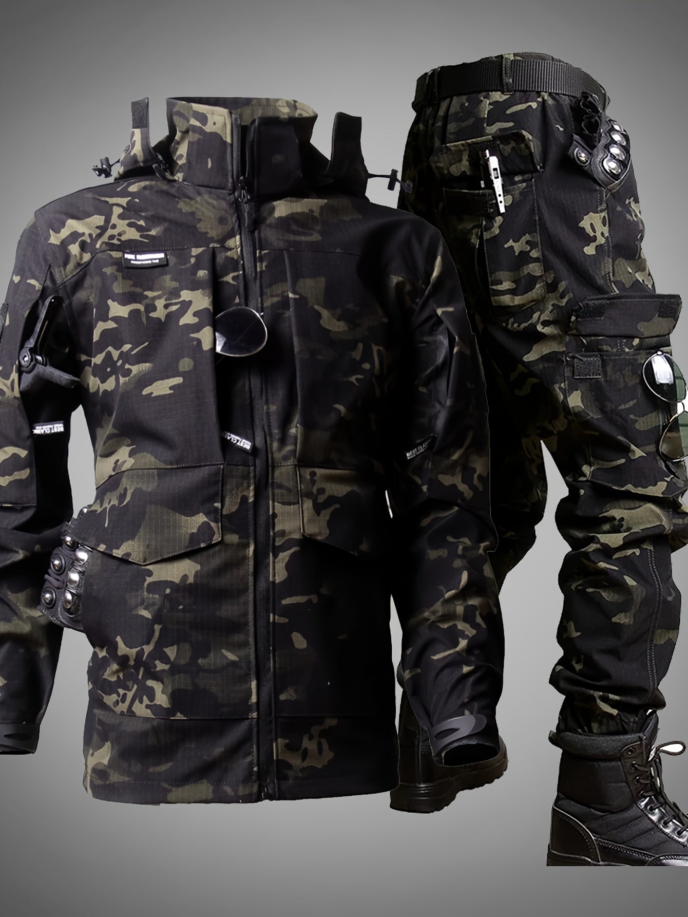 Men'S Outdoor Camouflage Jacket And Pants Set. Long Trousers, Cargo Pants for Men, Suitable for Spring And Autumn. Features Multiple Pockets, Zipper, And Mesh Fabric. Ideal for Fishing And Hiking