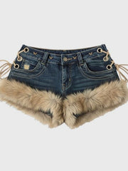 2026 New Y2K Millennial Spicy Jeans, American High Street Fuzzy Patchwork, Low Waist Hot Pants, Trendy for Autumn Winter Wear