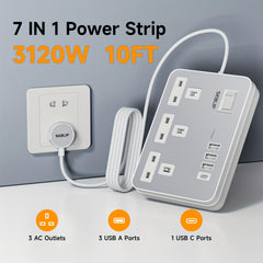Power Supply 7in 1 Flat Plug Power Socket Outlet Extension Lead, 4 USB Slots Charging Ports Extension Socket, Multi Socket Power Board