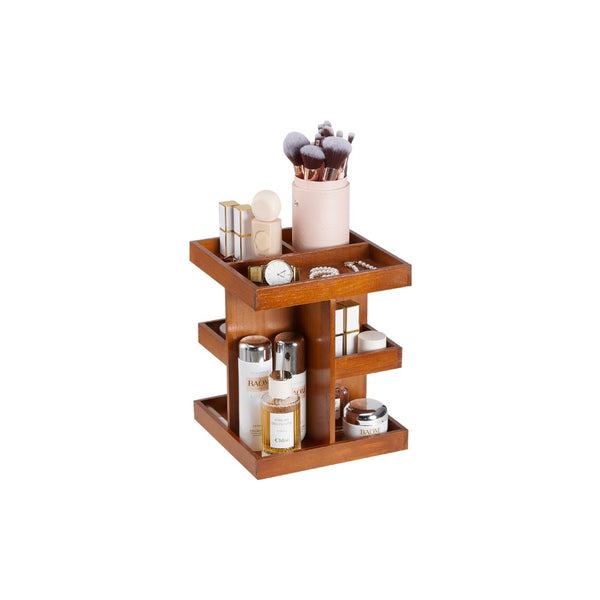 Wood Makeup Storage Box - 360-Degree Rotating Display Stand for Lipsticks, Skincare & Jewelry, Multi-Layer Organizer 22.5 * 22.5 * 27.5cm