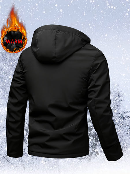Men'S Insulated Thermal Winter Jacket Full Zipper Closure Hooded Windproof Coat Front Full Zip And Zipper Pockets - Machine Washable Cold Weather Outerwear for Skiing, Snowboarding, Hiking - Black (Unlined