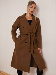 Women's Classy Solid Color Double Breasted Detachable Belted Pocket Pea Coat, Lapel Neck Long Sleeve Outerwear for Fall & Winter