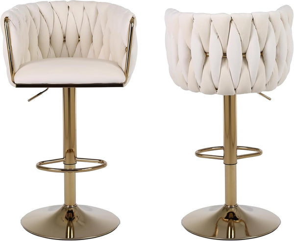 Set of 2 x Velvet Woven Upholstered Adjustable High Swivel Breakfast Bar Pub Home Stool Chair With Gold Metal base & Gas Lift (Cream/Gold)