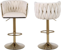 Set of 2 x Velvet Woven Upholstered Adjustable High Swivel Breakfast Bar Pub Home Stool Chair With Gold Metal base & Gas Lift (Cream/Gold)