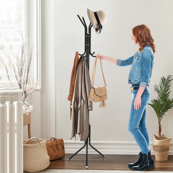 Coat Rack Stand 3-Tier 175cm Tall Metal Coat and Hat Stand with 12 Hooks for Living Room, Bedroom & Hallway