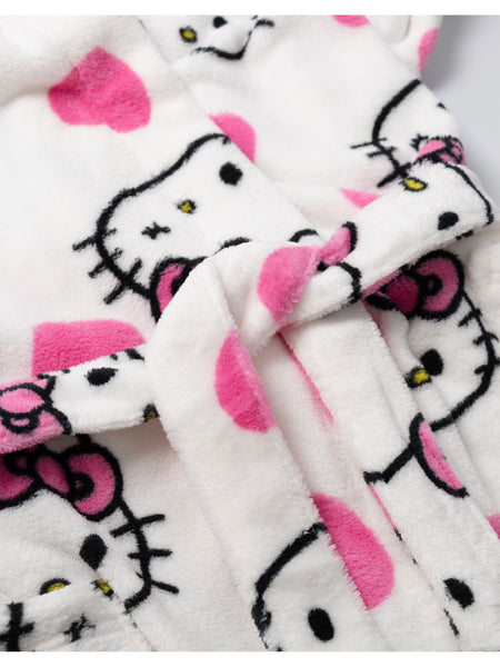 Hello Kitty Womens White Hooded Bathrobe | Cosy Fleece Loungewear with Pink Accents & Long Sleeves | Cartoon Character Design | Perfect for Relaxing Days | Hello Kitty Merch - Medium