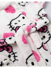 Hello Kitty Womens White Hooded Bathrobe | Cosy Fleece Loungewear with Pink Accents & Long Sleeves | Cartoon Character Design | Perfect for Relaxing Days | Hello Kitty Merch - Medium