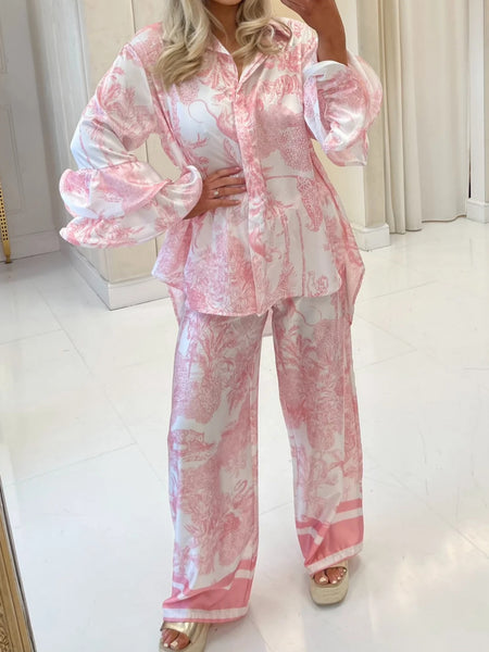 Women'S 2pcs Floral Print Pants Set with Button- Shirt & Elastic Waist Pants - Blue Floral All-Over Print Casual Outfit, All-Season Comfort, Easy-Care Fabric, Versatile Day to Night Wear, Relaxed Fit for Women (No Matching Top Included), Matching Pants fo