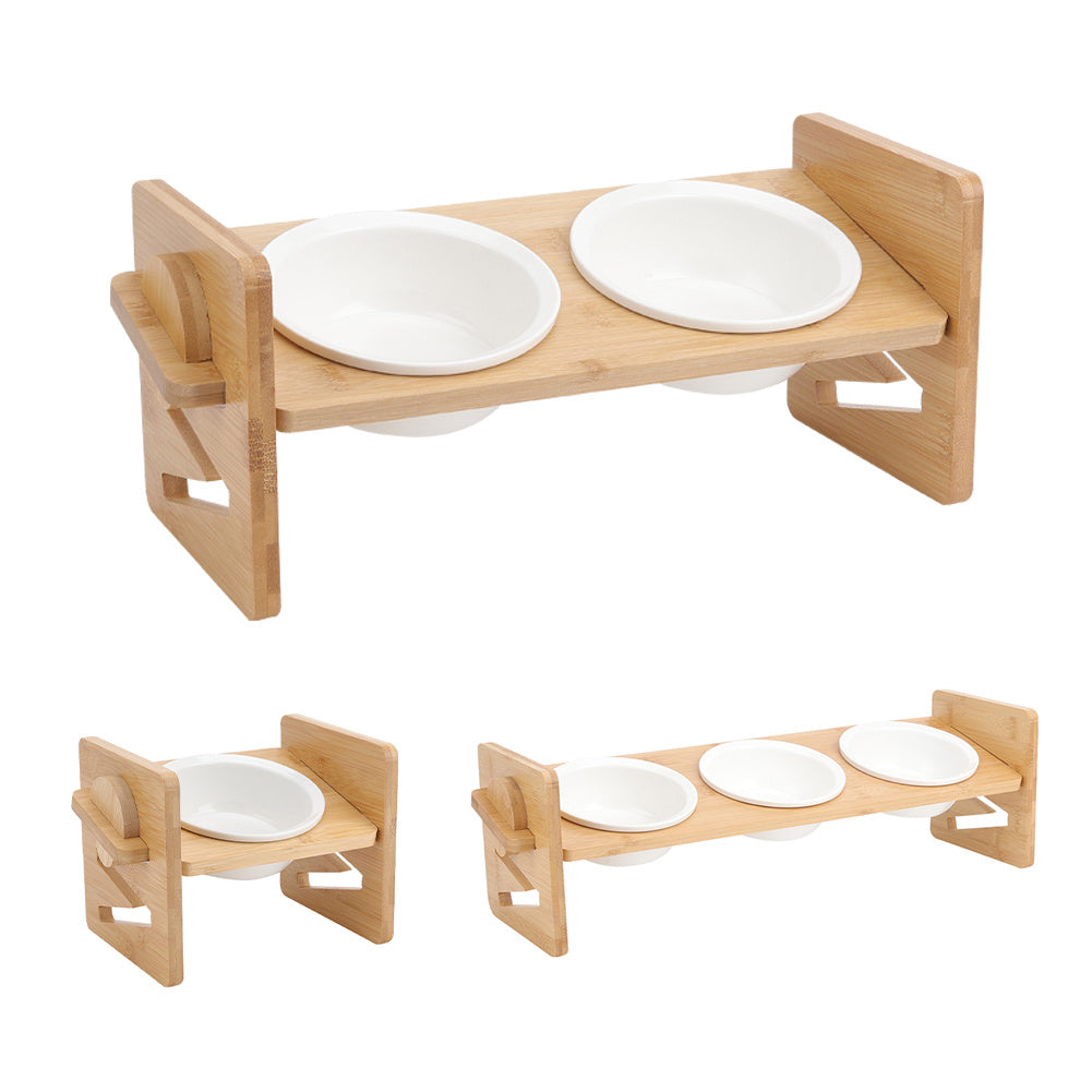 Pets Dog/Cat Bowls with Stand, 1/2/3 Bowls Adjustable Height Elevated Feeder Bowls for Cats and Small Dogs, Wooden Raised Feeding Bowls with Stand