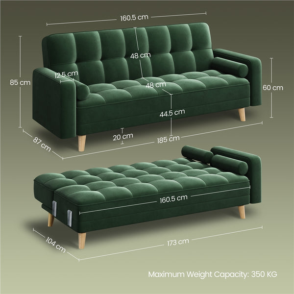 Costoffs Convertible Sofa Bed, Sofa Bed Velvet Convertible Sofa Bed 3 Seater Futon Sofa Bed with 2 Bolster Pillows and 3 Adjustable Back Angles for Apartments, Dens, Guest Rooms, Spare Rooms, Offices, and Lounges, Modern Grey/Blue/Green