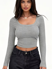 Autumn Winter 3-Pack Y2K Basic Women's T-Shirts, Solid Color Casual Tees, Round Neck Long Sleeve Stretch Sweatshirts, Women's Tops