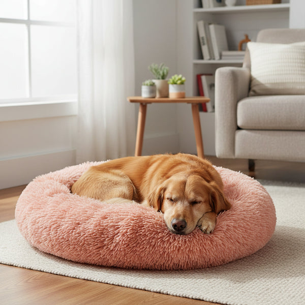 40/50/60/70cm Round Plush Donut Dog/Cat Bed Cuddler Pet Cushion Self-Warming Bed Washable Dog Bed with Non-Slip and Waterproof Bottom Calming Dog Bed