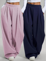 2pcs Women'S Wide-Leg Pants - High-Waisted, Elastic Waistband, Solid Color (Pink & Navy Blue), Loose Fit, Comfortable for Spring/Summer/Fall, Casual & Elegant Style, Allseason Pants | Highwaisted Pants | Elastic Waistband Pants