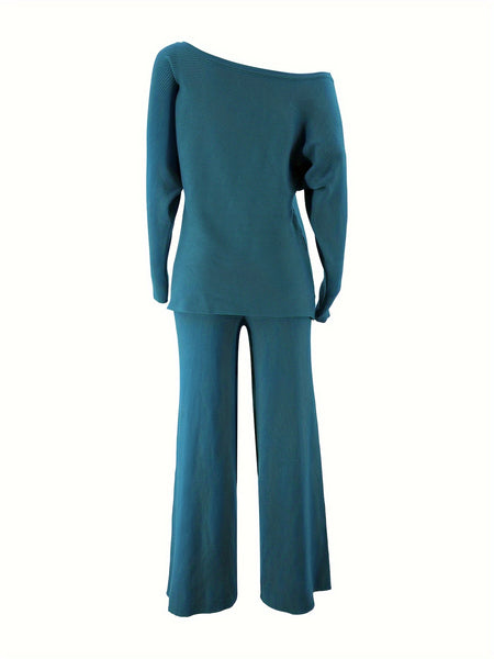 Women's Autumn and Winter Solid Color Off-Shoulder Sweater Top with Pants Set