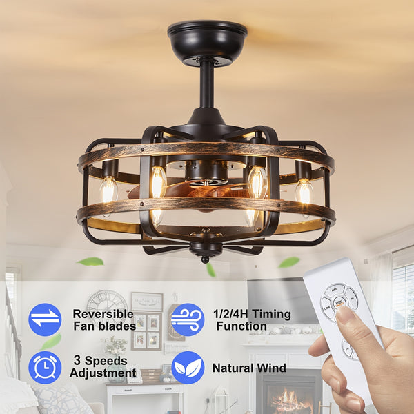 Farmhouse Ceiling Fans with Lights, 3 Speeds Flush Mount Rustic Caged Ceiling Fan Light, Timing, Quiet Reversible Motor, E14*6 Base Industrial Fandelier Ceiling Fans for Indoor Bedroom, Kitchen