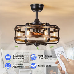 Farmhouse Ceiling Fans with Lights, 3 Speeds Flush Mount Rustic Caged Ceiling Fan Light, Timing, Quiet Reversible Motor, E14*6 Base Industrial Fandelier Ceiling Fans for Indoor Bedroom, Kitchen