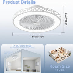 Ceiling Fan with Lights, 6 Speeds Reversible Bladeless Ceiling Fans 3-Color Temperature Stepless Dimming Low Profile Flush Mount Ceiling Fan Quiet Timing for Kitchen, Living Room, Bedroom