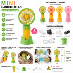 Mini Handheld Fan USB Rechargeable Portable Cooling Fan with Stand – Lightweight Personal Desk Fan, Assorted Colours, 1 Piece