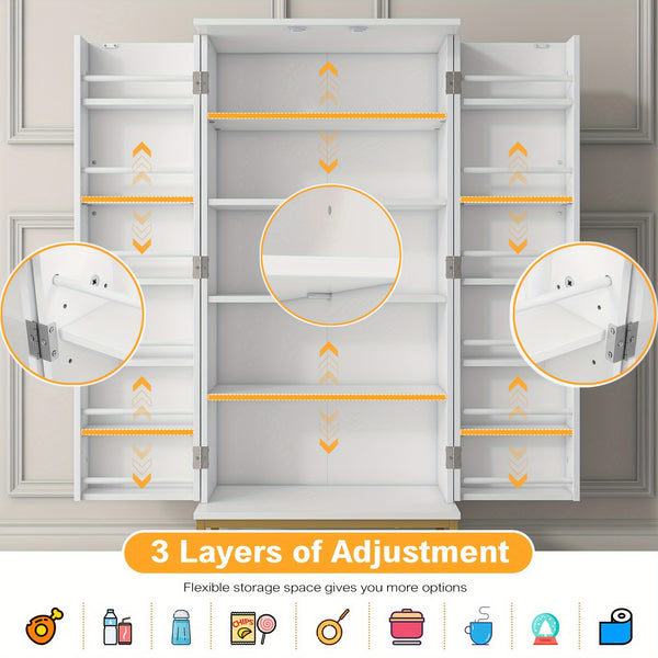 129.54cm Kitchen Cupboard Pantry with Doors And Adjustable Shelves, White Storage Cupboard, Freestanding Storage Cabinet for Kitchen, Living Room And Dining Room Kitchen Organizers And Storage